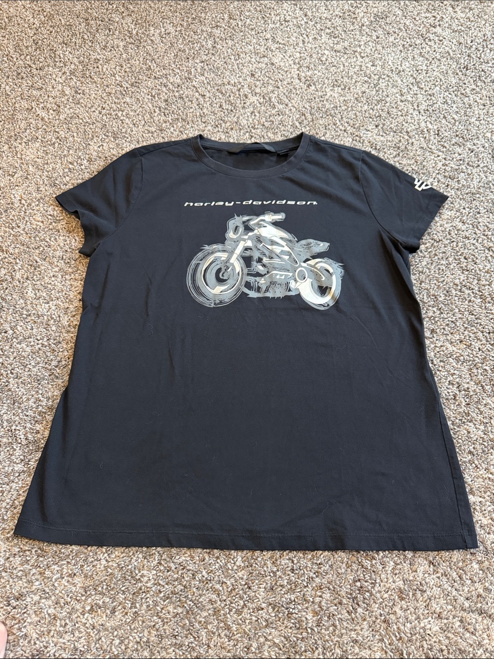 Harley-Davidson Black Tee with Gray & Cream Motorcycle Art Women's Size L